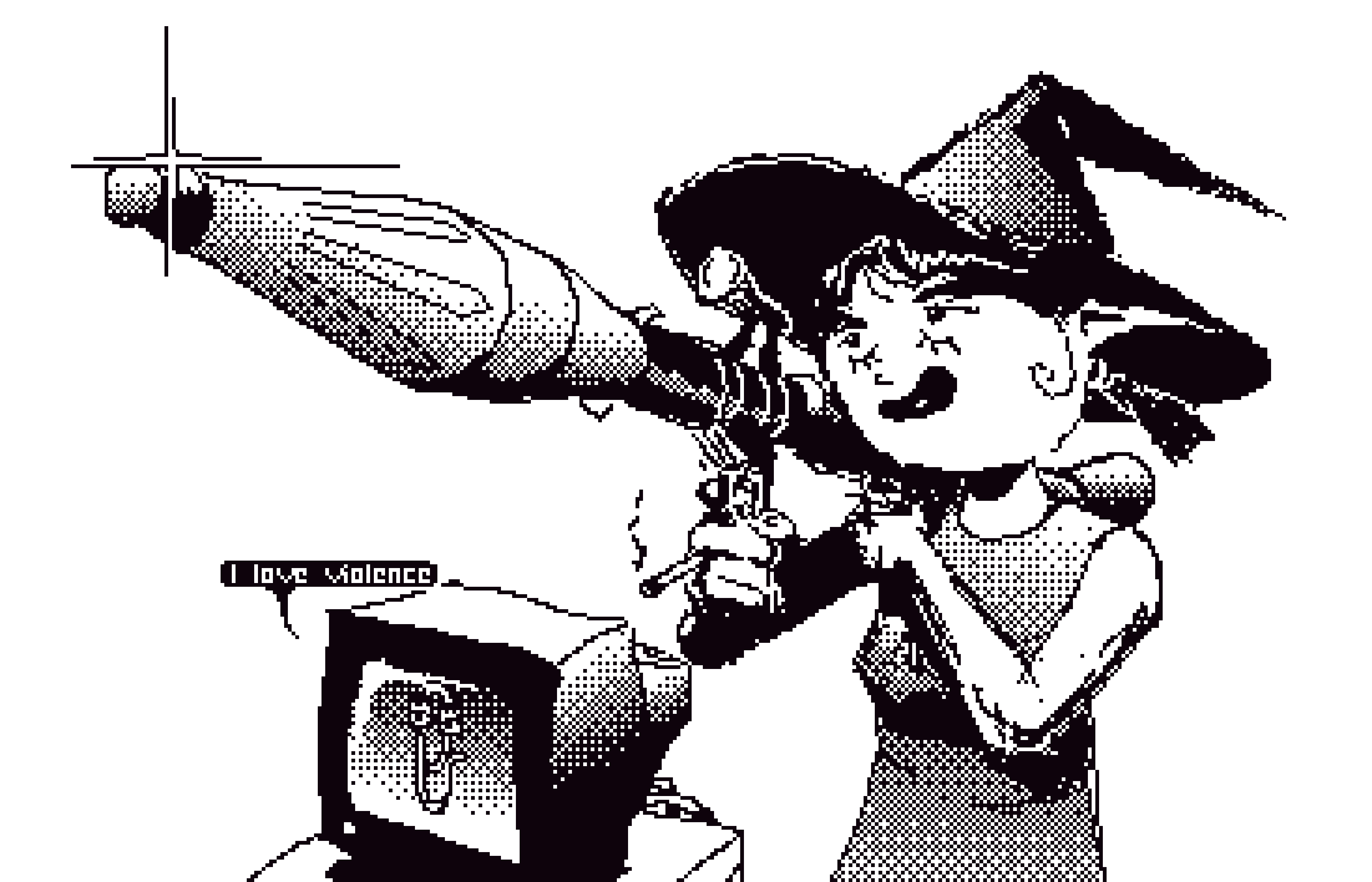 Zalma with an RPG, Clippit saying 'I love violence'